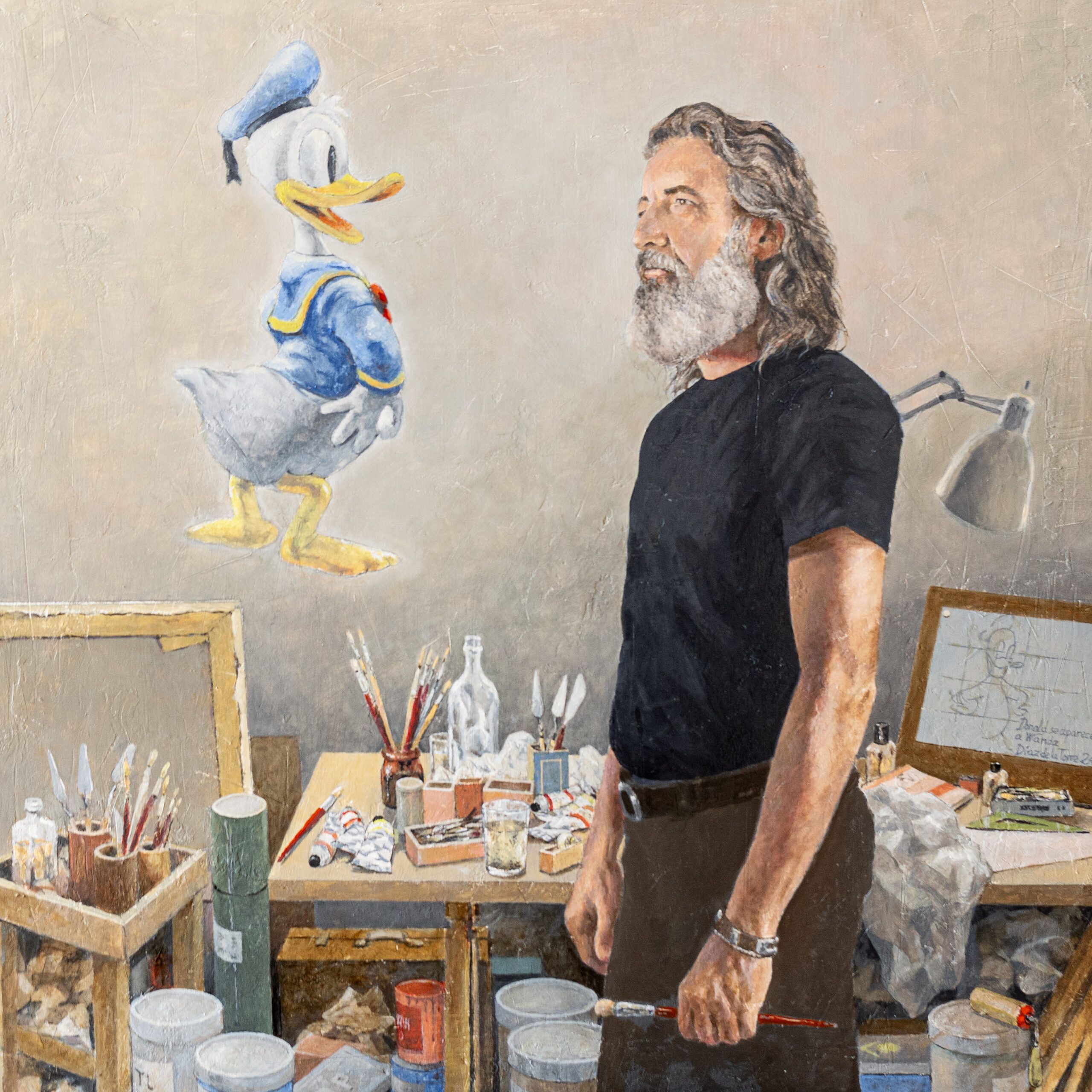 Donald se aparece a Wanda - Oleo tabla- 70x70 2024